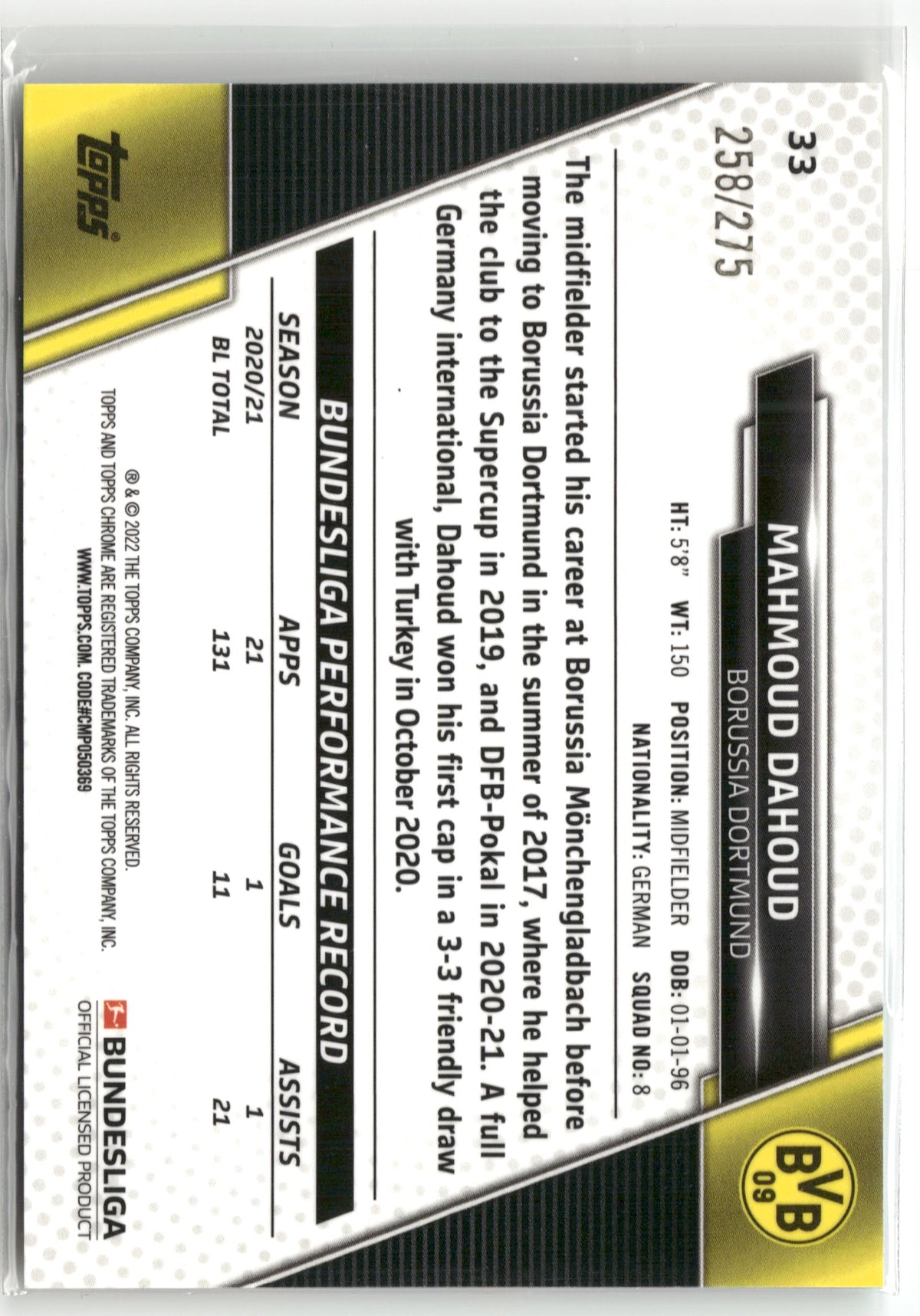 Fußball Mahmoud Dahoud 2021-22 Topps Chrome Bundesliga #33 True Aqua /275 Borussia Dortmund Trading Card Original