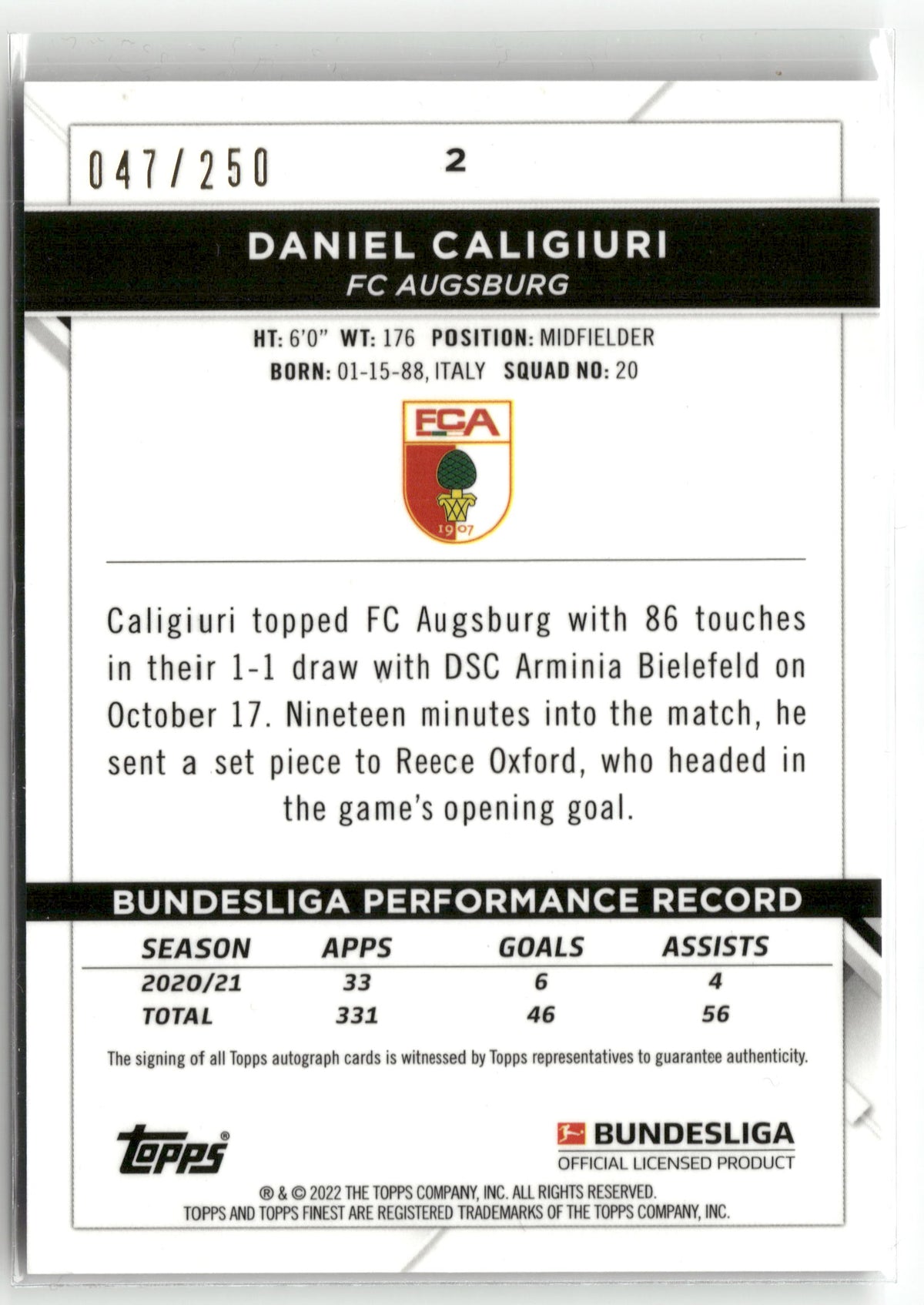 Fußball Daniel Caligiuri 2021-22 Topps Finest Bundesliga #2 Black Auto /250 FC Augsburg Trading Card Original
