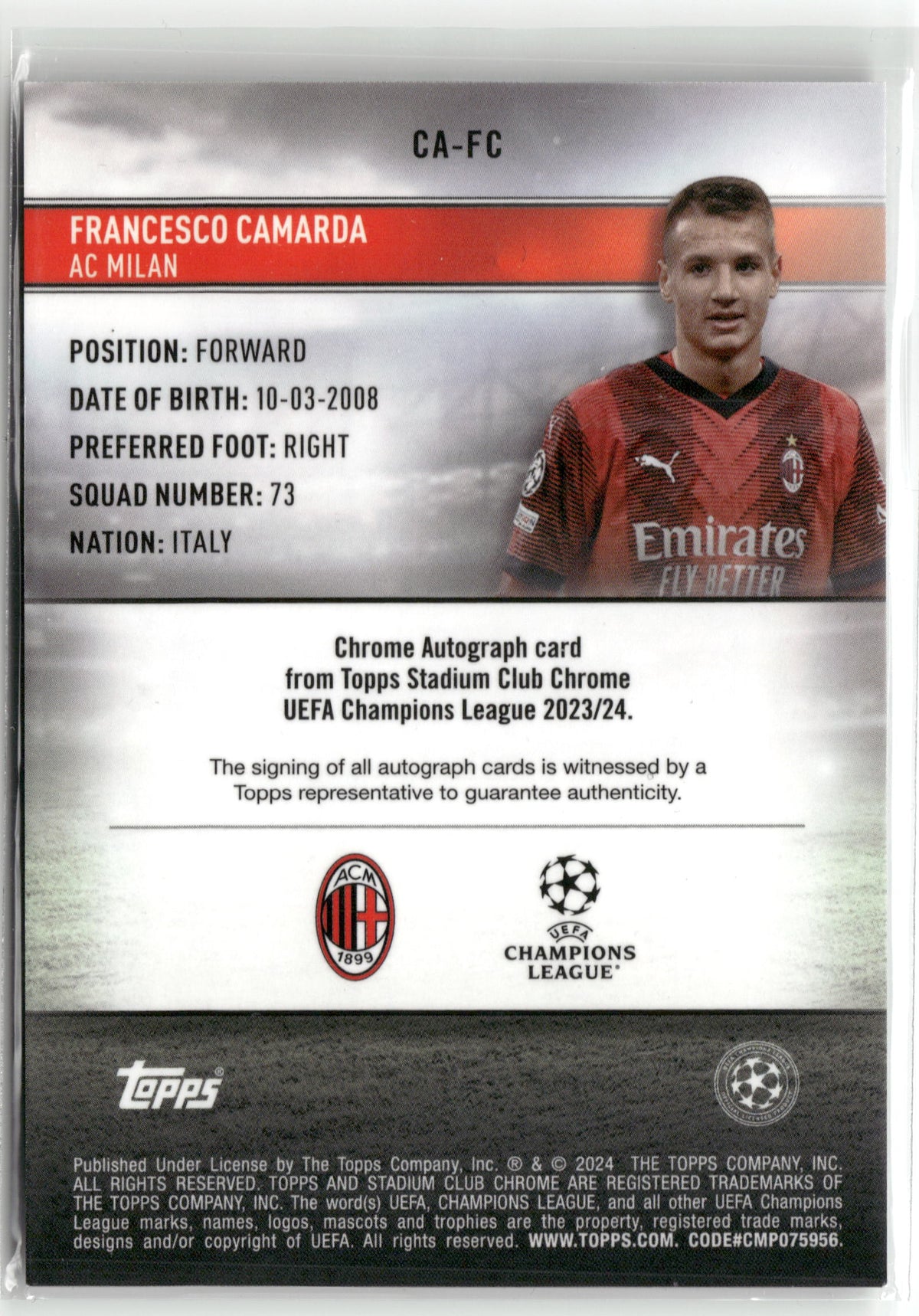 Fußball Francesco Camarda Topps Stadium Club Chrome UEFA 2023-24 #CA-FC Rookie Auto AC Milan Rookie Card RC Trading Card Original
