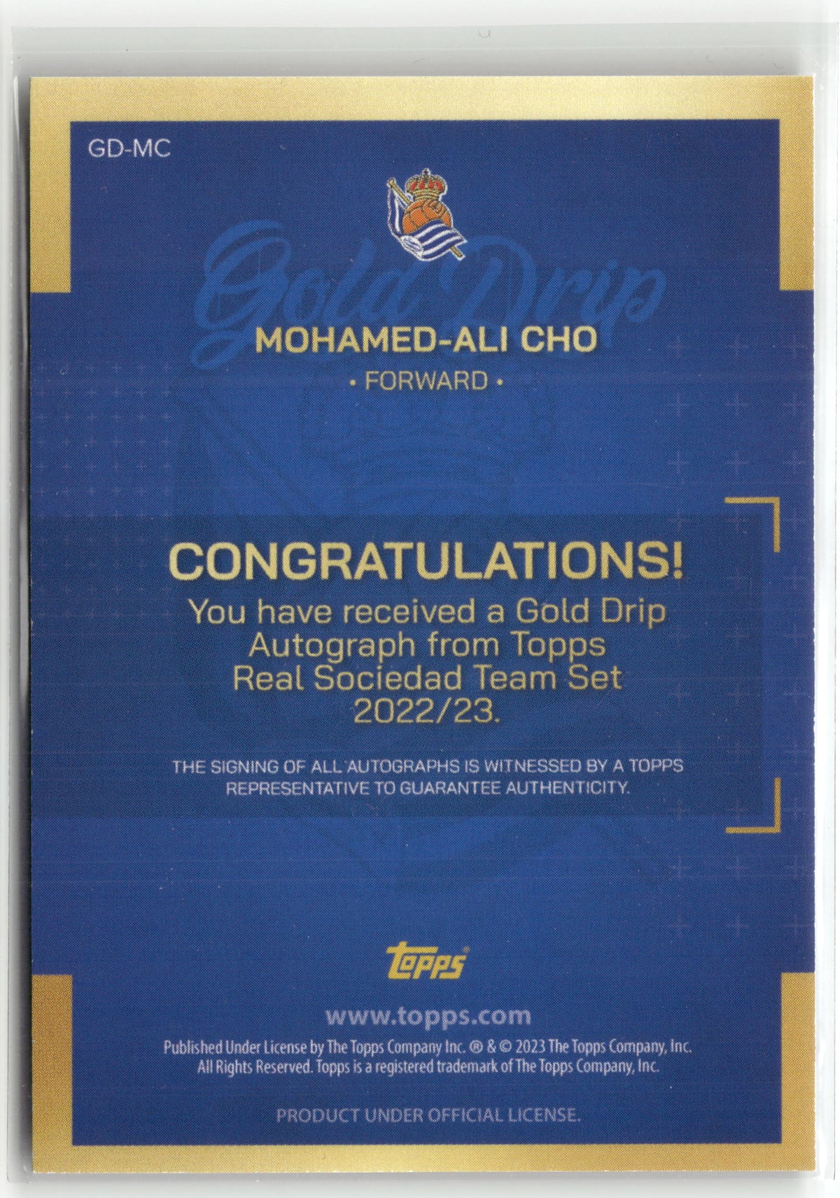 Fußball Mohamed-Ali Cho 2022-23 Topps Real Sociedad Team Set Gold Drip #GD-MC Rookie Auto Real Sociedad Rookie Card RC Trading Card Original