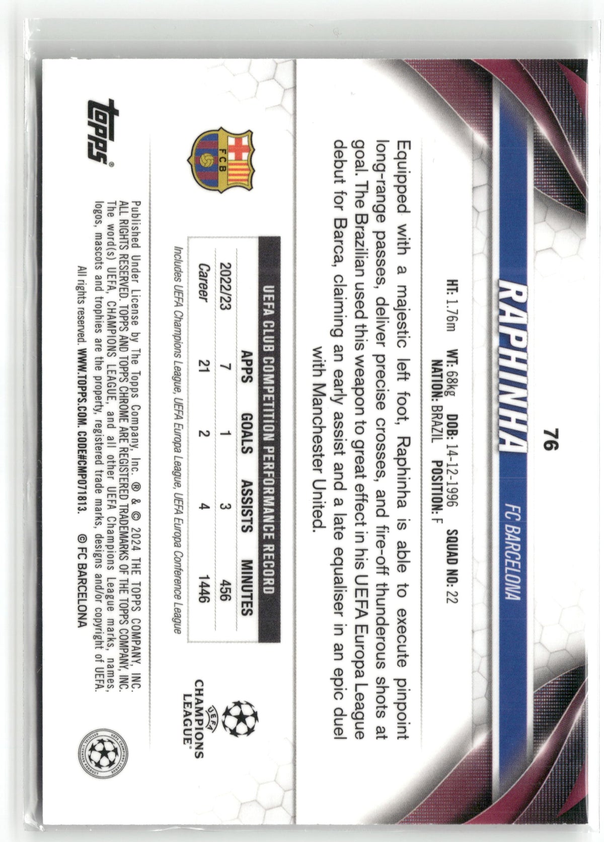 Fußball Raphinha 2023-24 Topps Chrome UEFA Champions League #76 Green Wave /399 FC Barcelona Trading Card Original