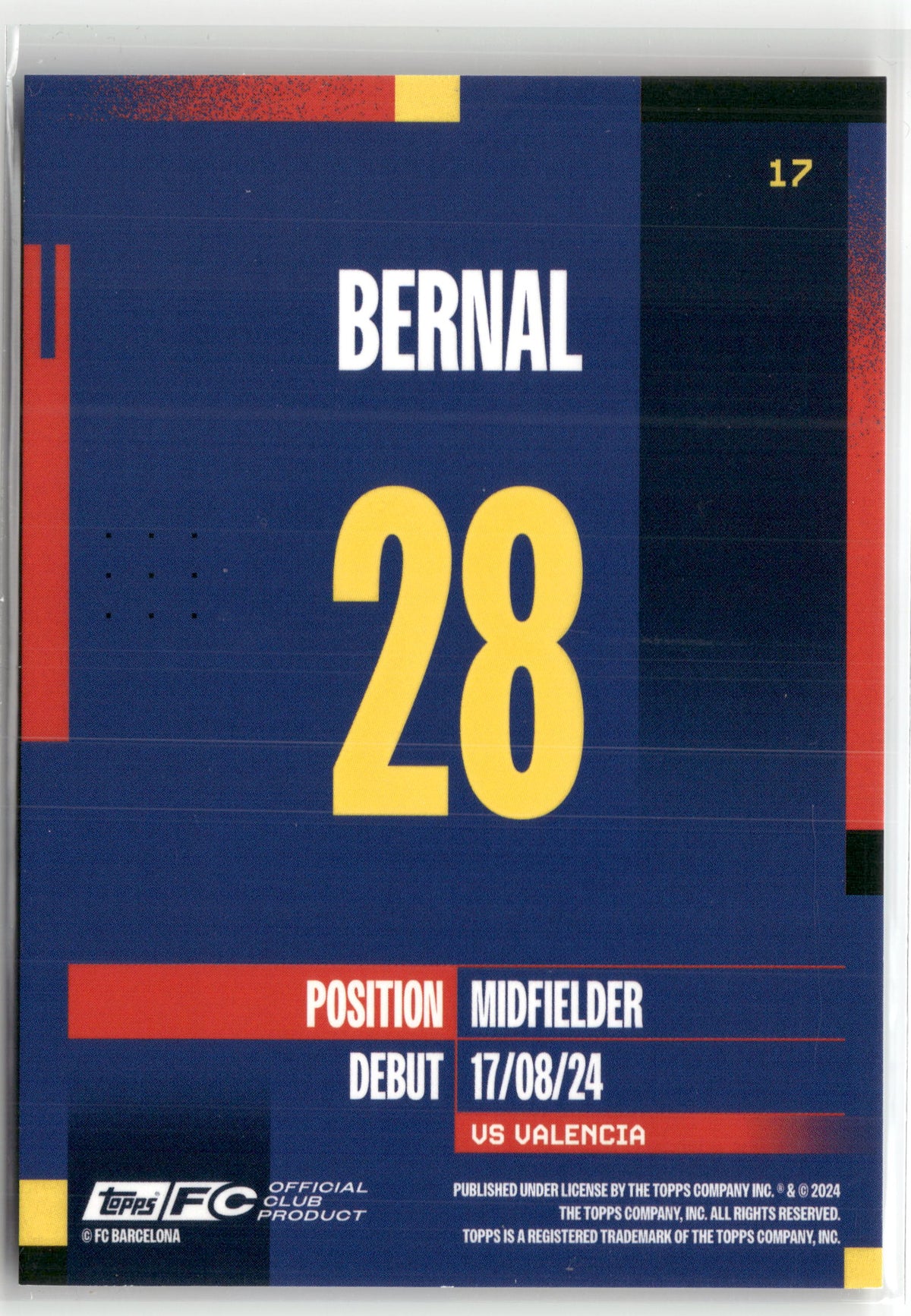 Fußball Bernal 2024-25 Topps FC Barcelona Official Club Product #17 Blue /250 FC Barcelona Rookie Card RC Trading Card Original