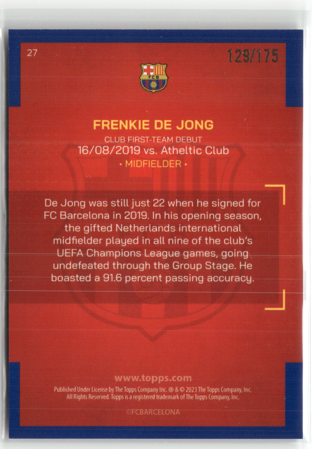 Fußball Frenkie De Jong Topps FC Barcelona Our City 2023 #27 Light Blue /175 FC Barcelona Trading Card Original