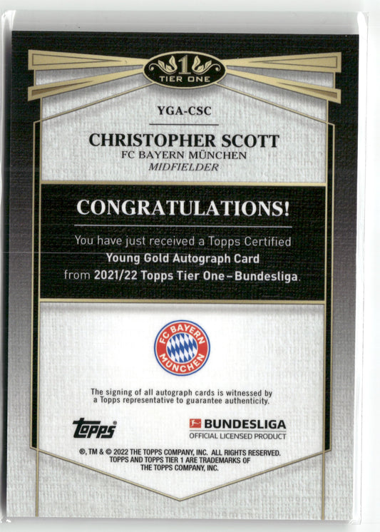 Fußball Christopher Scott 2021/22 Topps Tier One Bundesliga #YGA-CSC Young Gold Autographs /75 FC Bayern München Rookie Card RC Trading Card Original