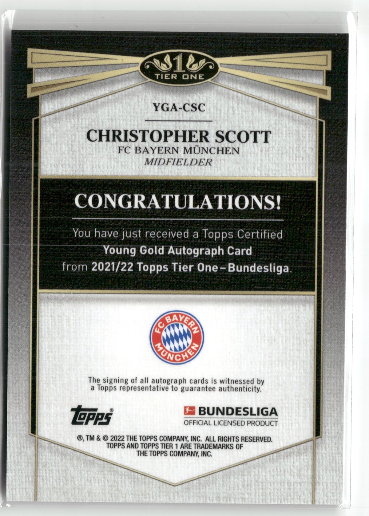 Fußball Christopher Scott 2021/22 Topps Tier One Bundesliga #YGA-CSC Young Gold Autographs /75 FC Bayern München Rookie Card RC Trading Card Original