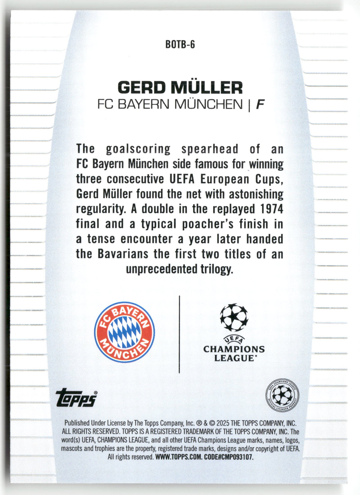 Fußball Gerd Müller Topps UEFA Champions League Best of the Best 2025 #BOTB-6 FC Bayern München Trading Card Original