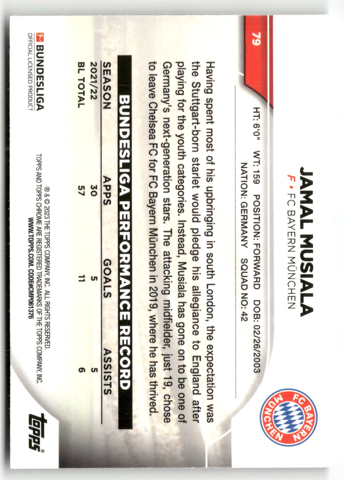 Fußball Jamal Musiala Topps Chrome Bundesliga 2022-23 #79 FC Bayern München Trading Card Original