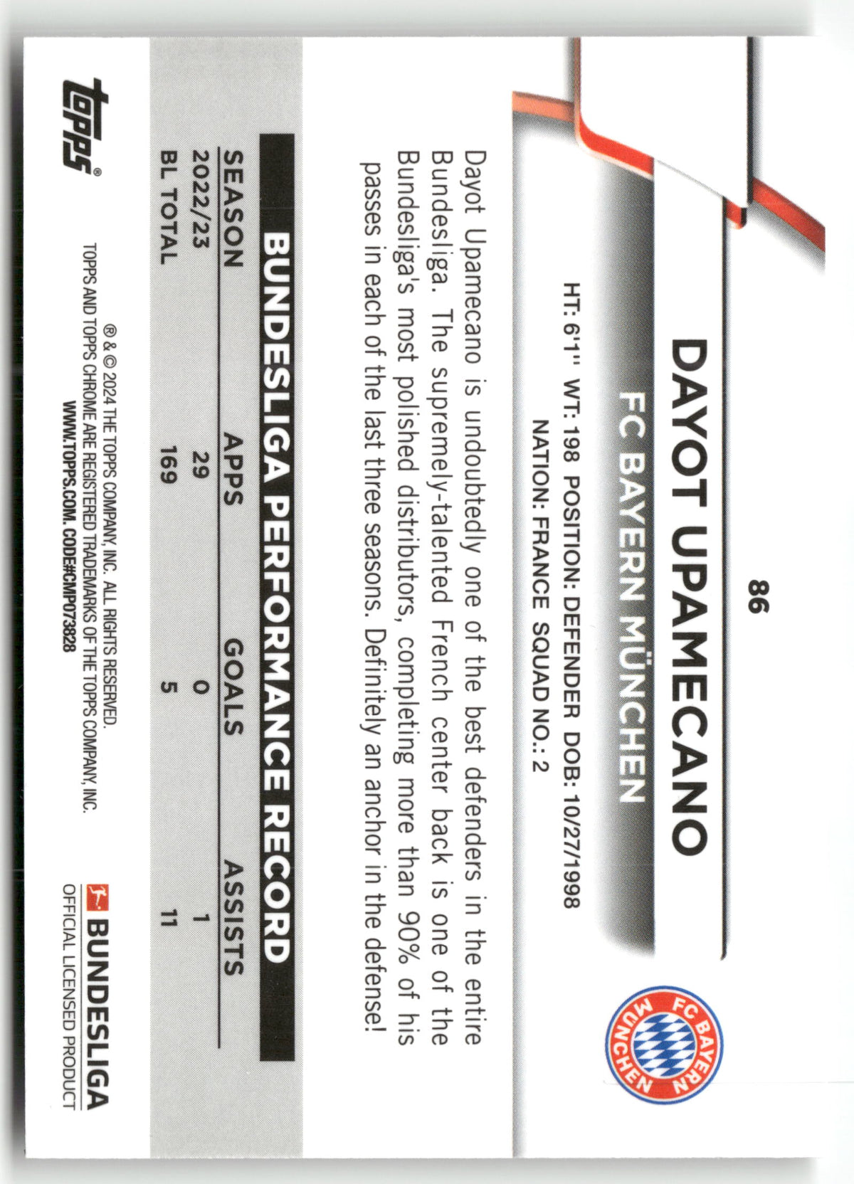 Fußball Dayot Upamecano 2023-24 Topps Chrome Bundesliga #86 FC Bayern München Trading Card Original