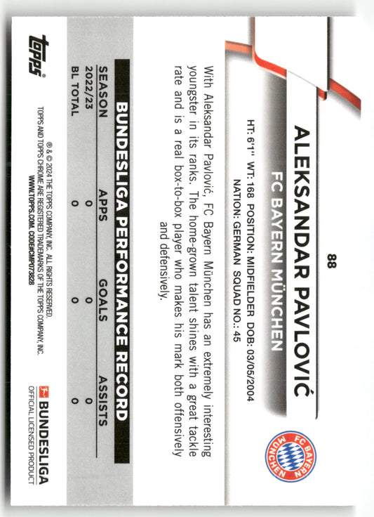 Fußball Aleksandar Pavlović Topps Chrome Bundesliga 2023-24 #88 FC Bayern München Rookie Card RC Trading Card Original