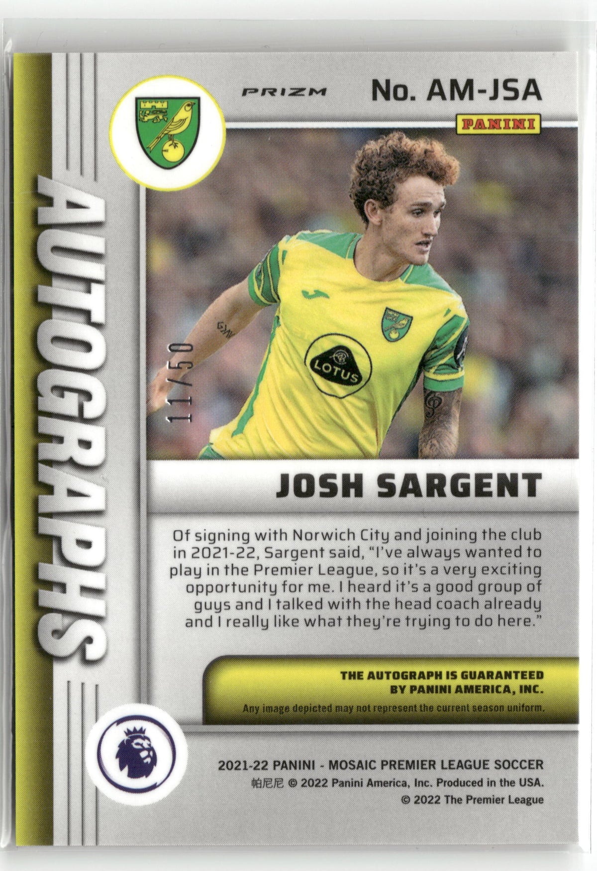 Fußball Josh Sargent 2021-22 Panini Mosaic Premier League Soccer #AM-JSA Silver Prizm Auto Norwich City Trading Card Original