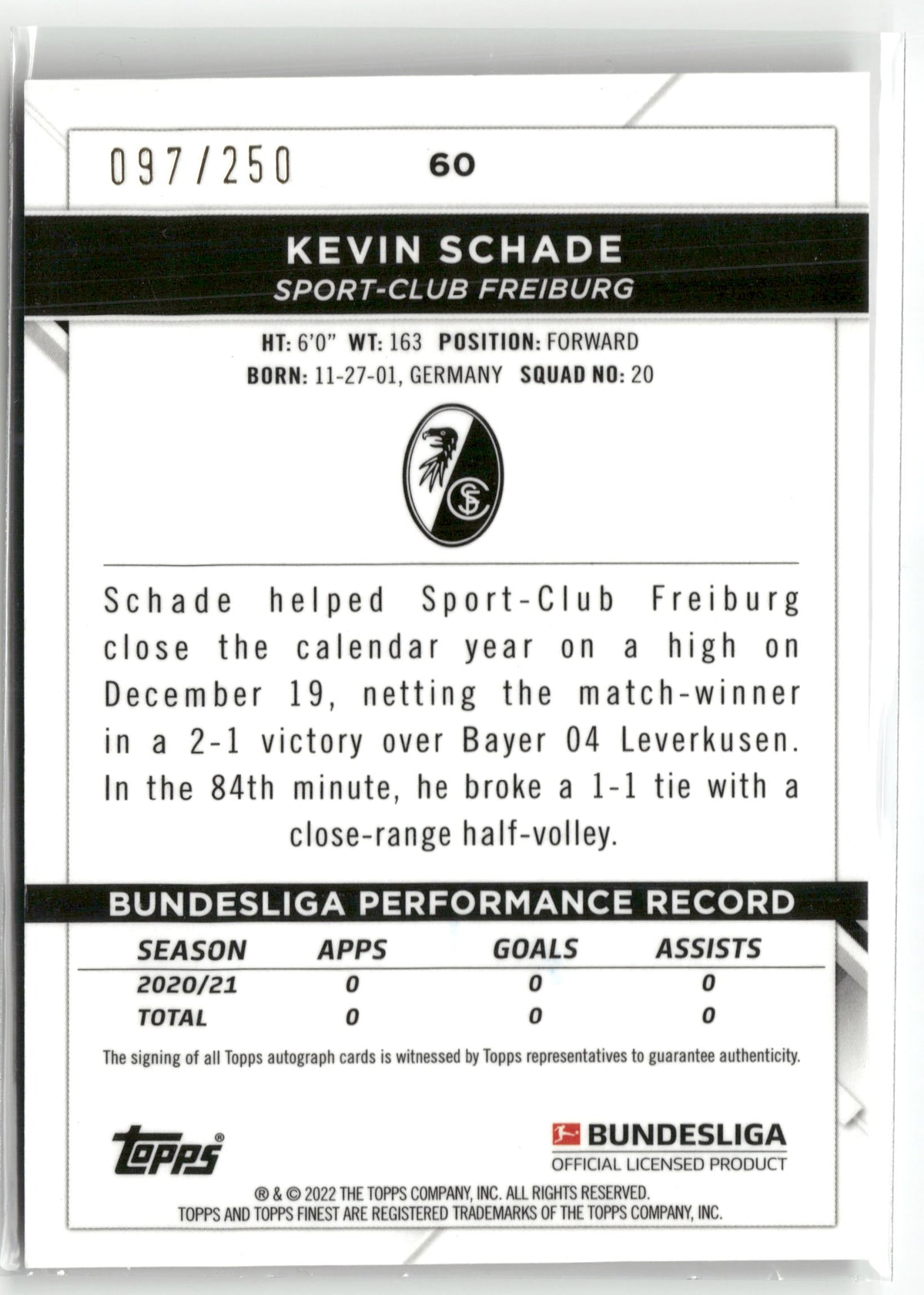 Fußball Kevin Schade 2021-22 Topps Finest Bundesliga #60 Black Rookie Auto /250 Sport-Club Freiburg Rookie Card RC Trading Card Original