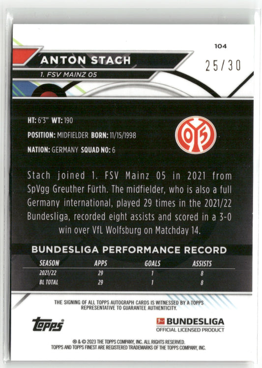 Fußball Anton Stach Topps Finest Bundesliga 2022-23 #104 Green Wave Auto /30 1. FSV Mainz 05 Trading Card Original