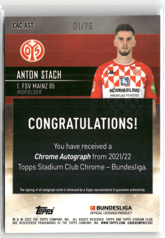 Fußball Anton Stach 2021-22 Topps Stadium Club Chrome Bundesliga #CAC-AST Blue Rookie Auto /75 1. FSV Mainz 05 Rookie Card RC Trading Card Original
