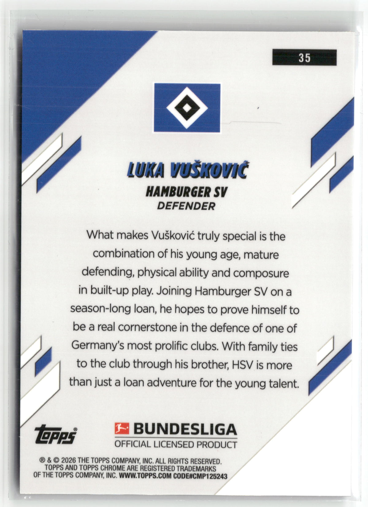 Fußball Luka Vušković 2025-26 Topps Chrome Bundesliga #35 Purple Lava Refractor /75 Hamburger SV Rookie Card RC Trading Card Original