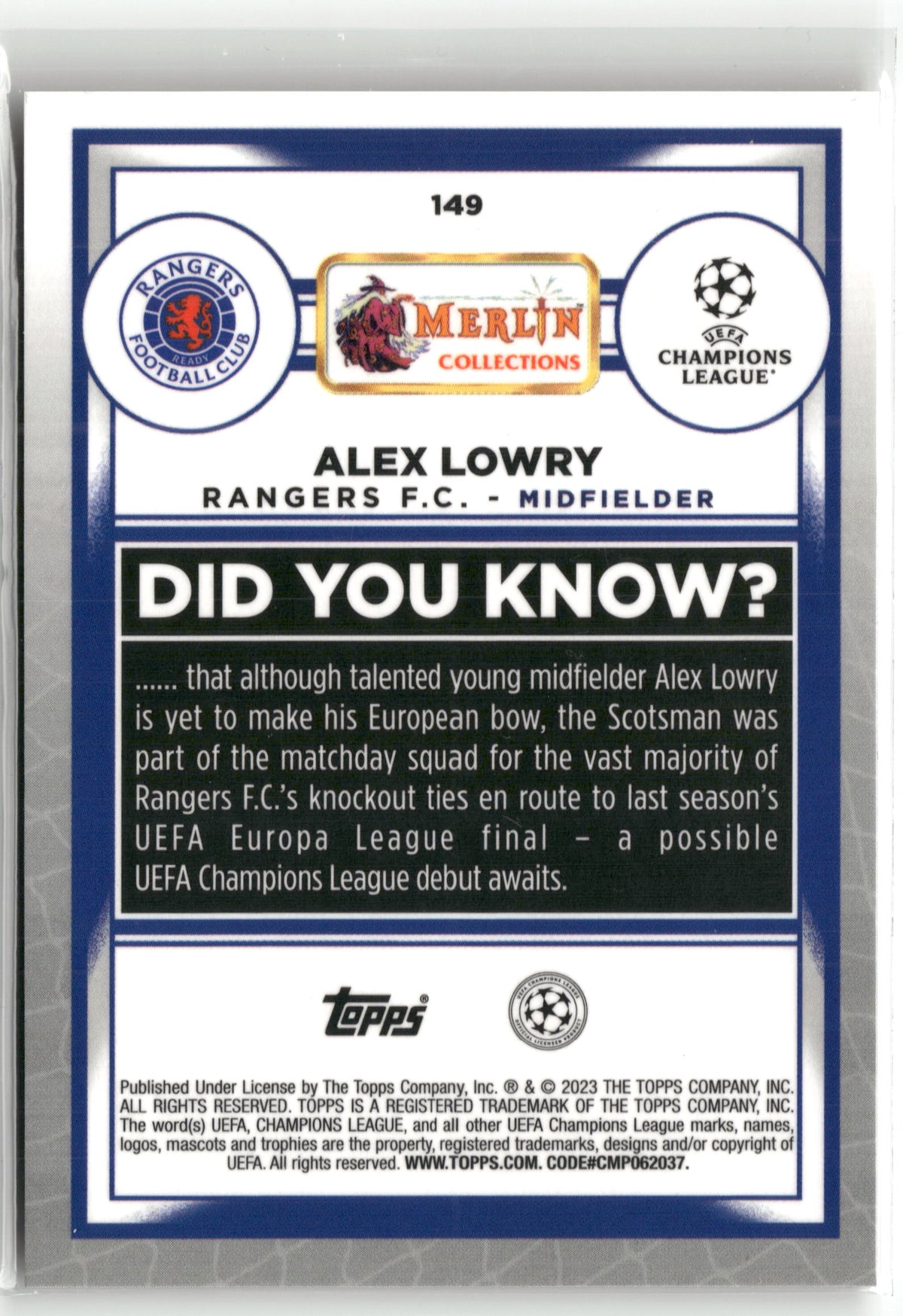 Fußball Alex Lowry 2022-23 Topps Merlin Champions League #149 True Gold /50 Rangers F.C. Rookie Card RC Trading Card Original