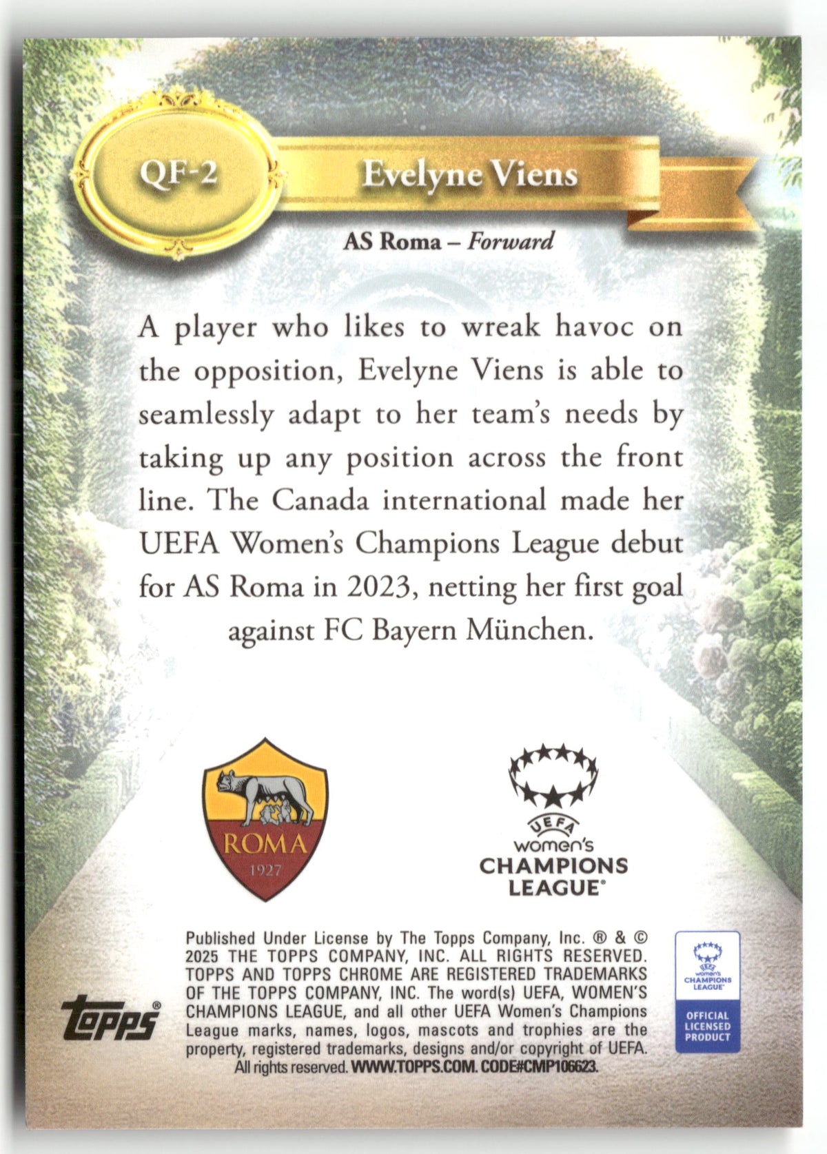 Fußball Evelyne Viens Topps Chrome UEFA Women's Champions League Queens of Football 2025 #QF-2 AS Roma Trading Card Original