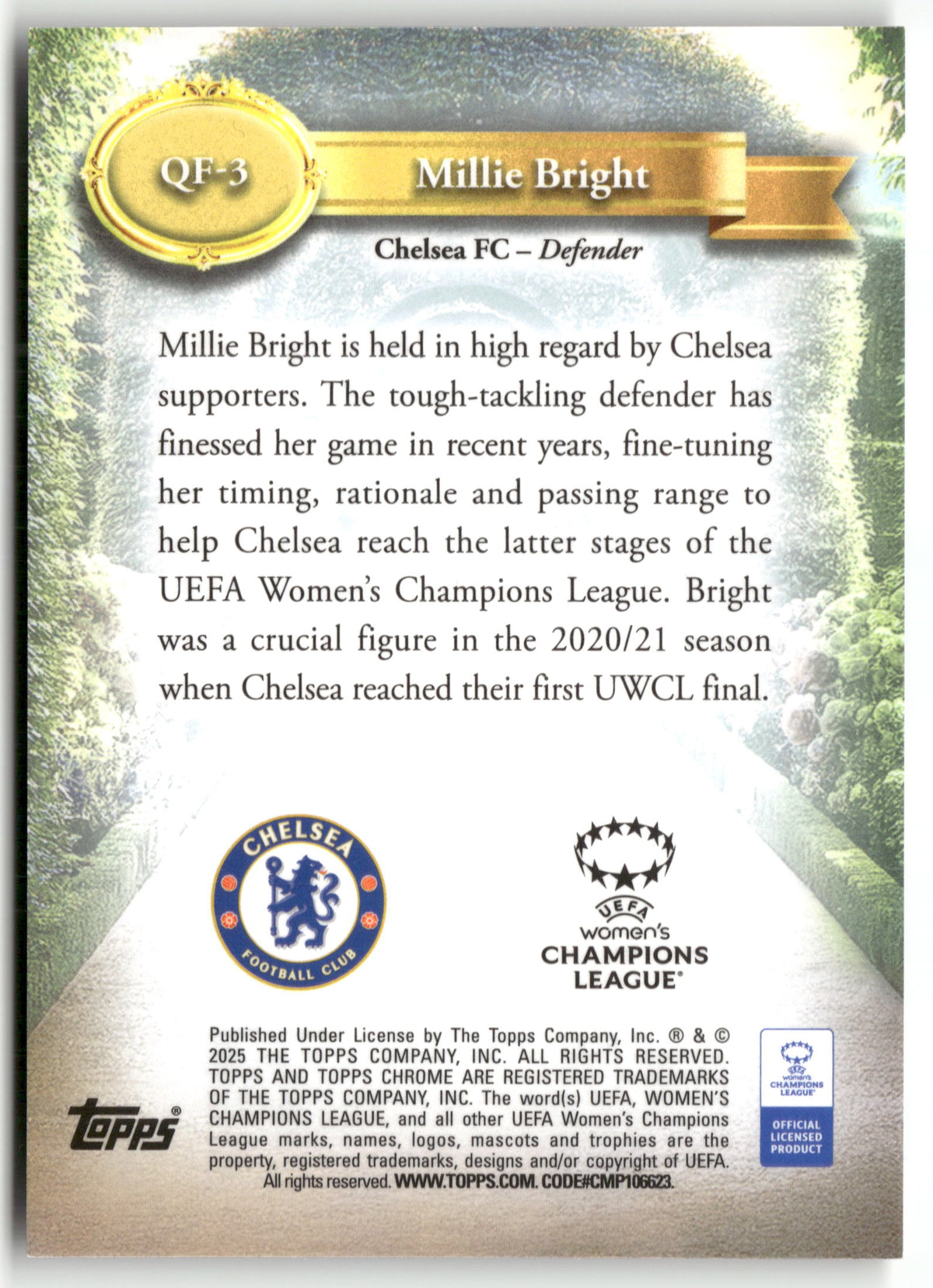 Fußball Millie Bright Topps Chrome UEFA Women's Champions League Queens of Football 2025 #QF-3 Chelsea FC Trading Card Original