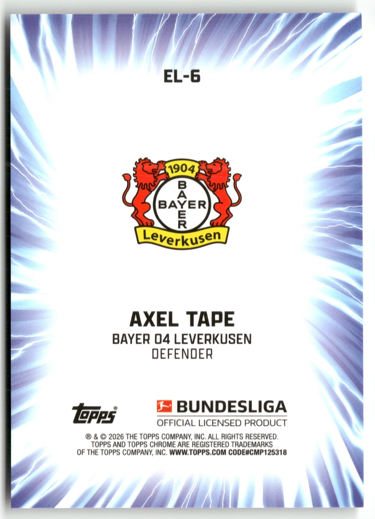 Pokémon TCG Axel Tape 2025-26 Topps Chrome Bundesliga #EL-6 Electrified Bayer 04 Leverkusen Rookie Card RC Trading Card Original