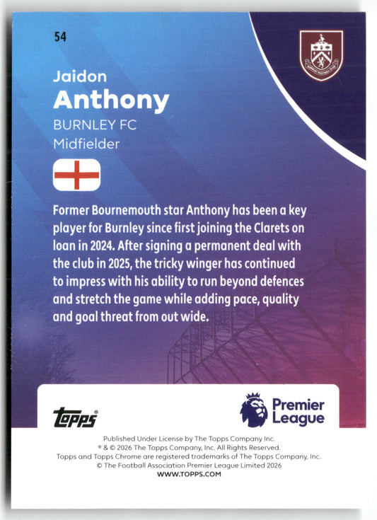 Pokémon TCG Jaidon Anthony 2025-26 Topps Chrome Premier League #54 Raywave Burnley FC Trading Card Original