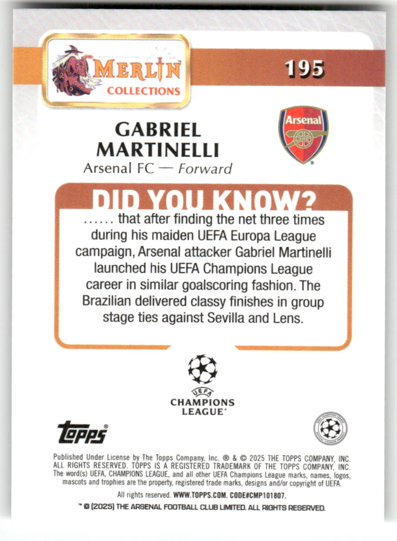 Fußball Gabriel Martinelli Topps Merlin UEFA Champions League 2024-25 #195 Arsenal FC Trading Card Original