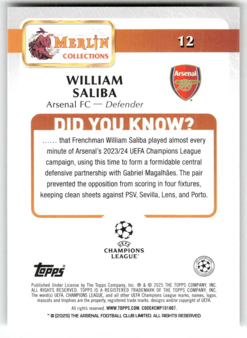 Fußball William Saliba 2024-25 Topps Merlin UEFA Champions League #12 Arsenal FC Trading Card Original