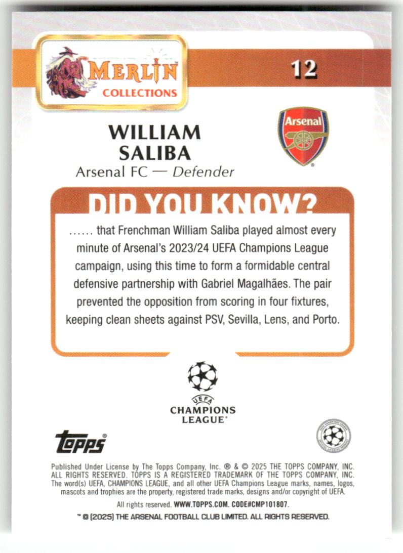 Fußball William Saliba 2024-25 Topps Merlin UEFA Champions League #12 Arsenal FC Trading Card Original