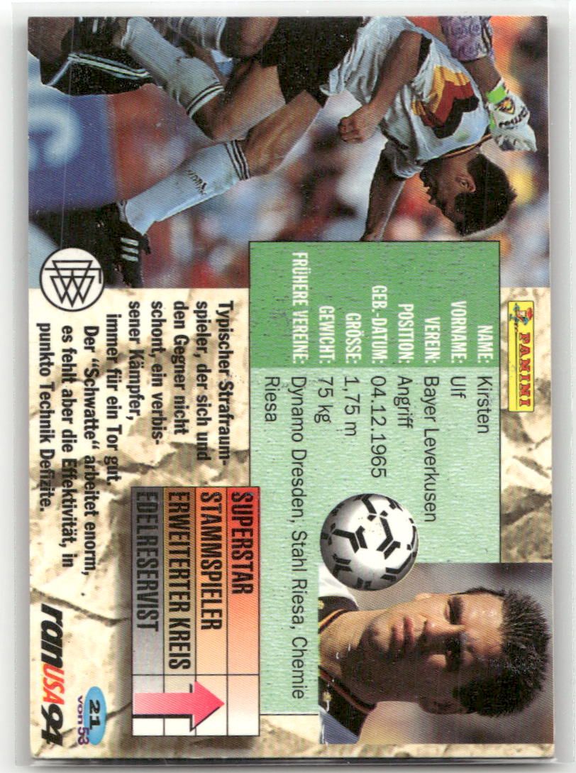 Fußball Ulf Kirsten Panini Weltmeisterschaft 1994 Champion Cards #21 Bayer Leverkusen Trading Card Original