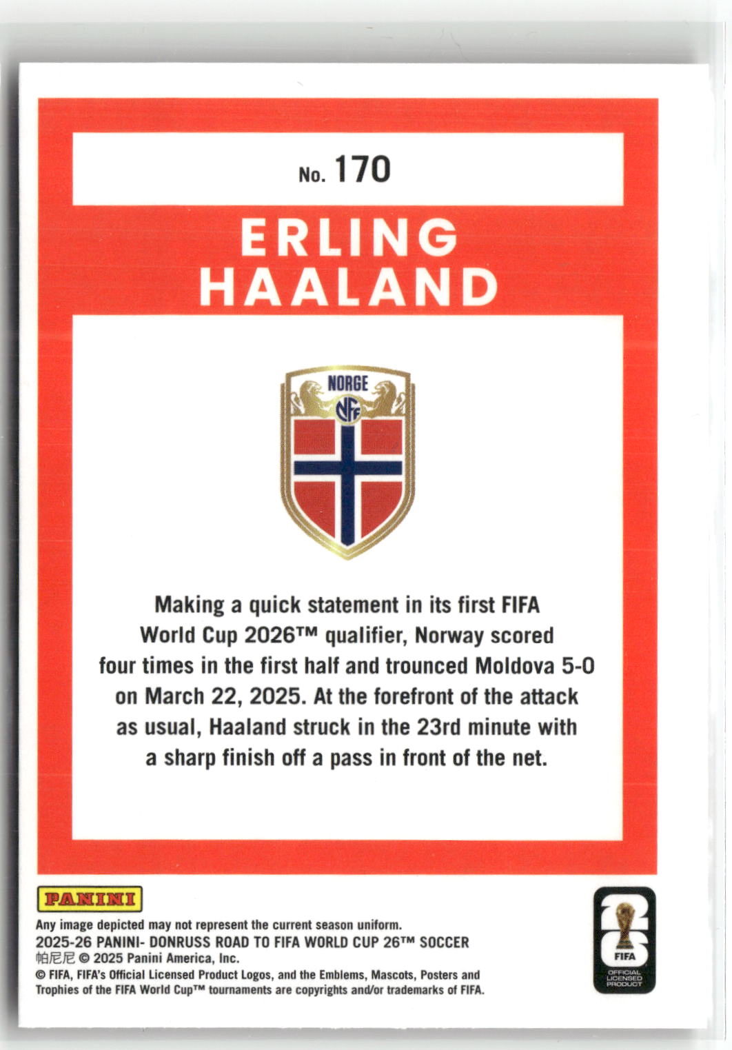Fußball Erling Haaland 2025-26 Panini Donruss Road to FIFA World Cup 26 Soccer #170 Norway Trading Card Original