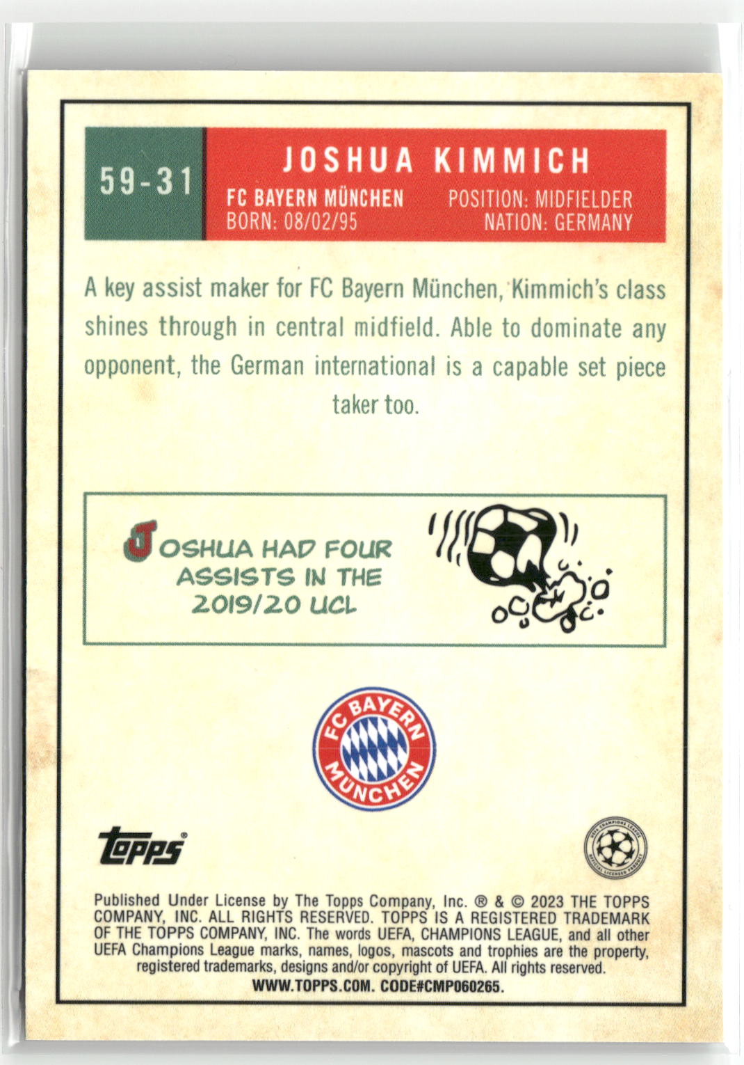 Fußball Joshua Kimmich Topps UEFA Champions League 2022/23 2022-23 #59-31 FC Bayern München Trading Card Original