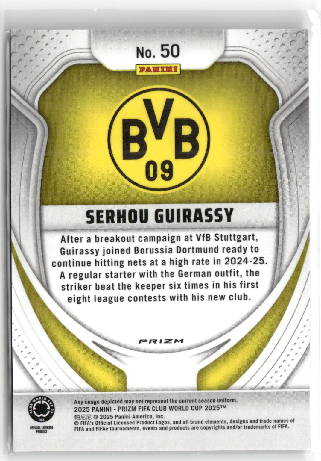 Fußball Serhou Guirassy 2025 Panini Prizm FIFA Club World Cup #50 Pulsar Borussia Dortmund Trading Card Original