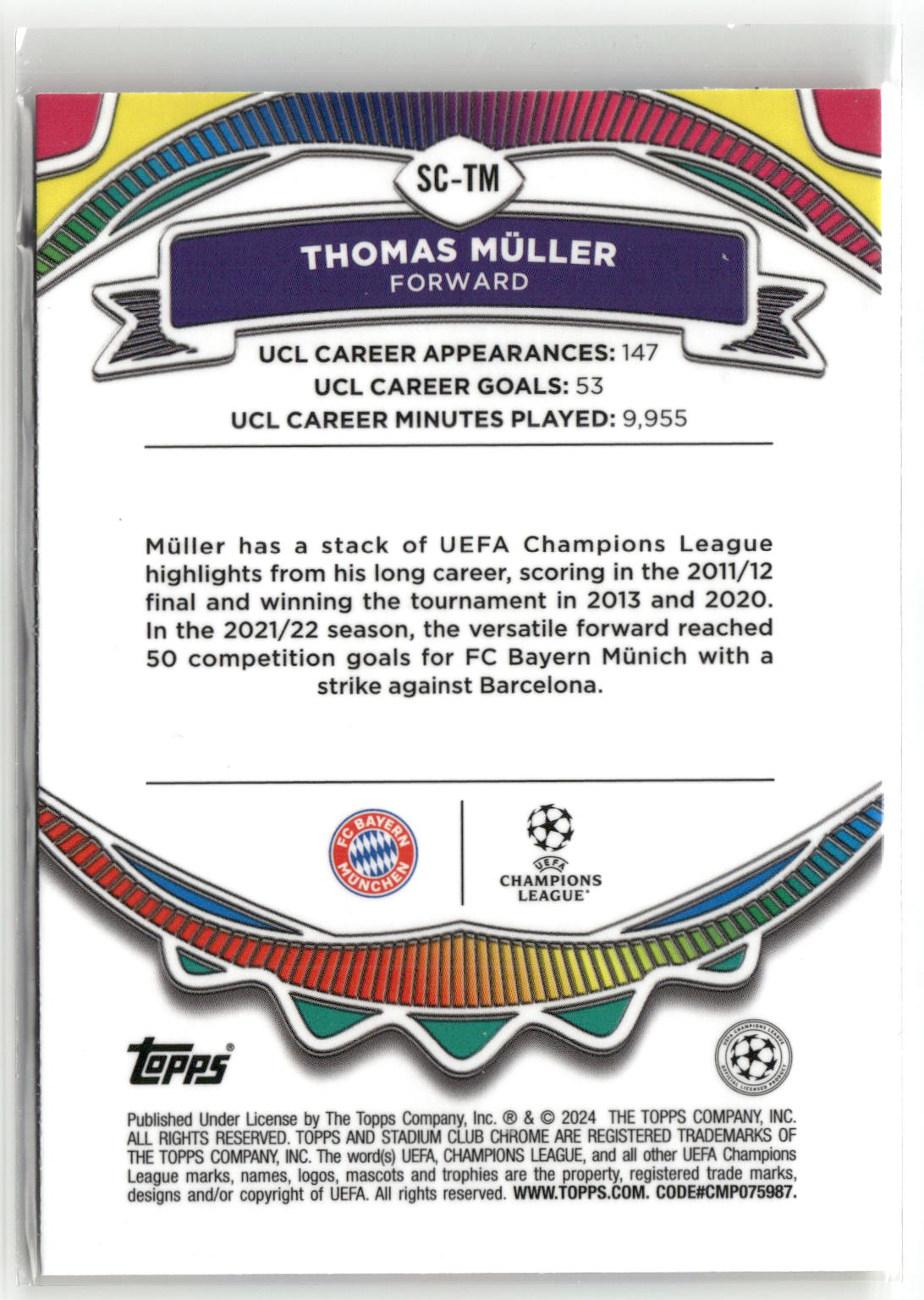 Fußball Thomas Müller 2024 Topps Stadium Club Chrome UEFA Champions League #SC-TM Say Cheese FC Bayern München Trading Card Original