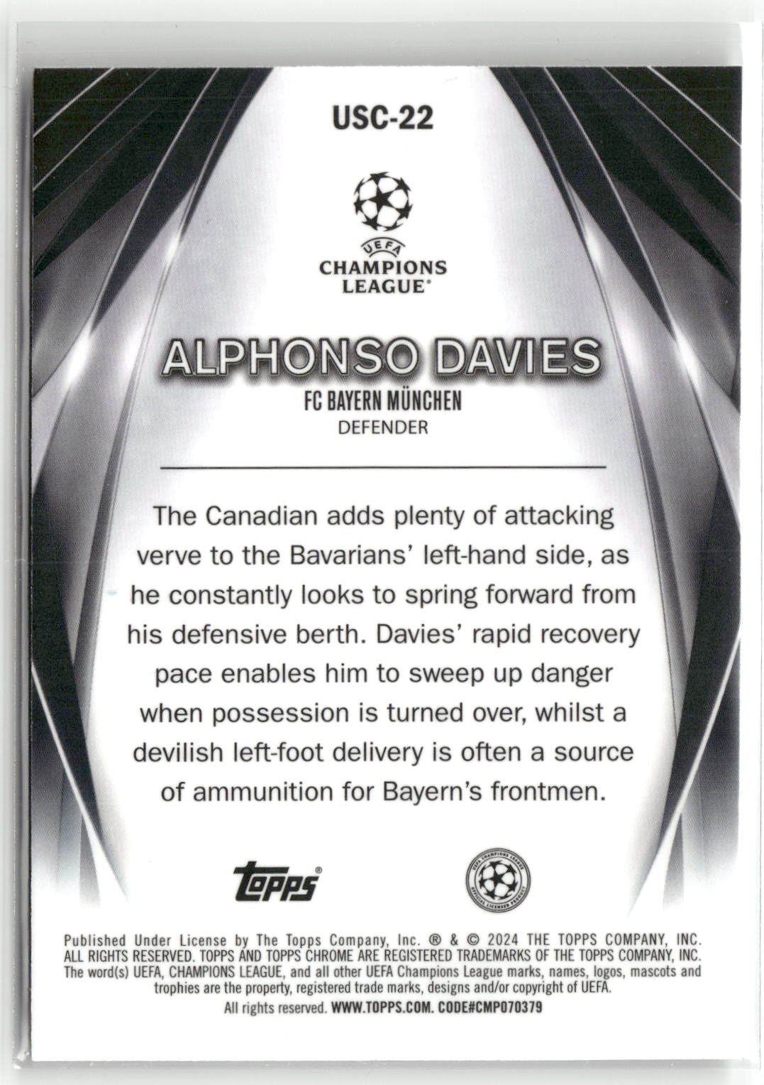 Fußball Alphonso Davies 2024 Topps Chrome UEFA Champions League Ultimate Stage #USC-22 Disco FC Bayern München Trading Card Original