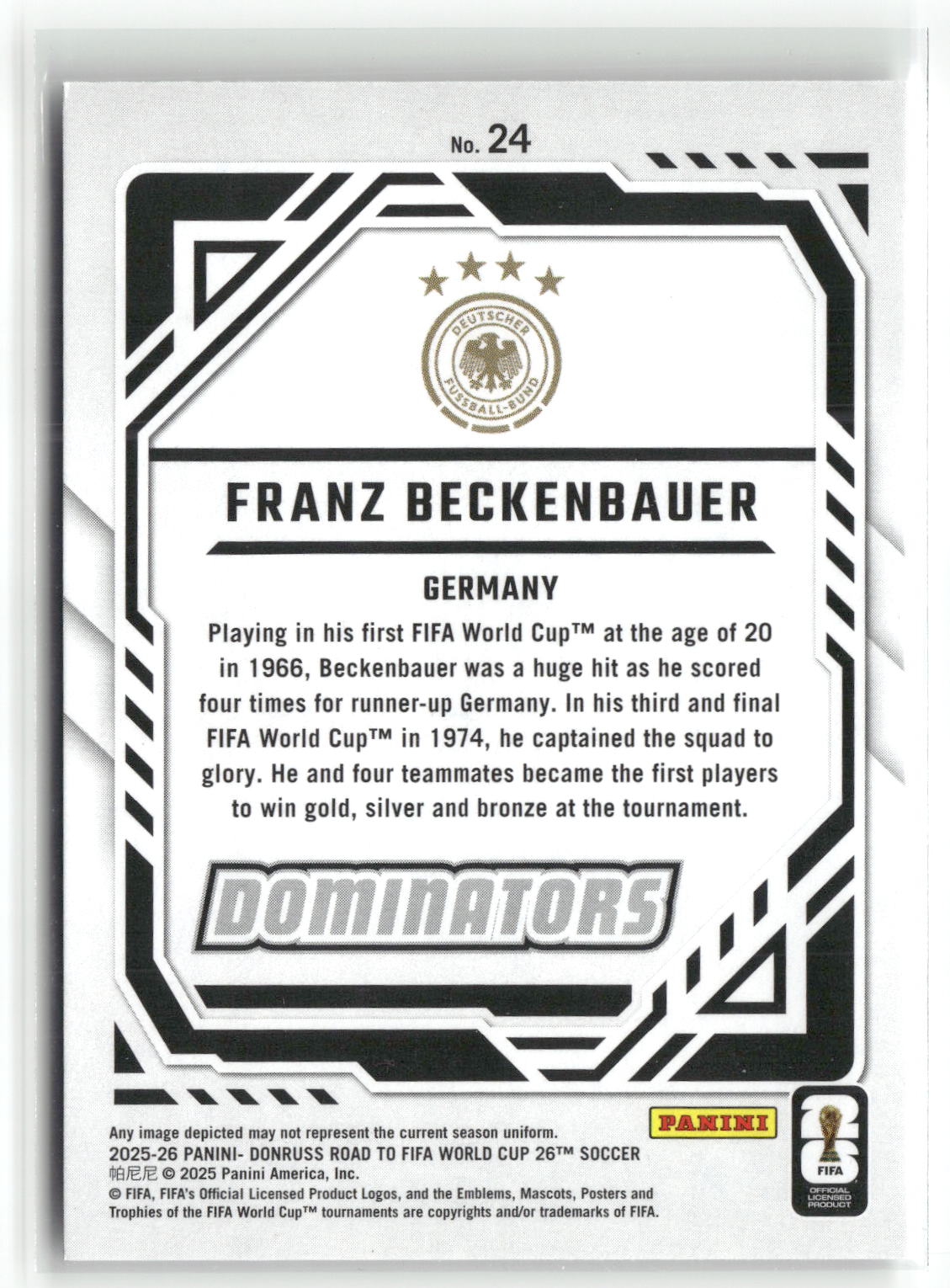 Fußball Franz Beckenbauer 2025-26 Panini Donruss Road to FIFA World Cup 26 Soccer #24 Dominators Germany Trading Card Original