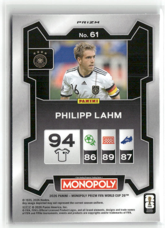 Fußball Philipp Lahm 2026 Panini Monopoly Prizm FIFA World Cup 26 #61 Four Corners Blue Prizm Germany Trading Card Original