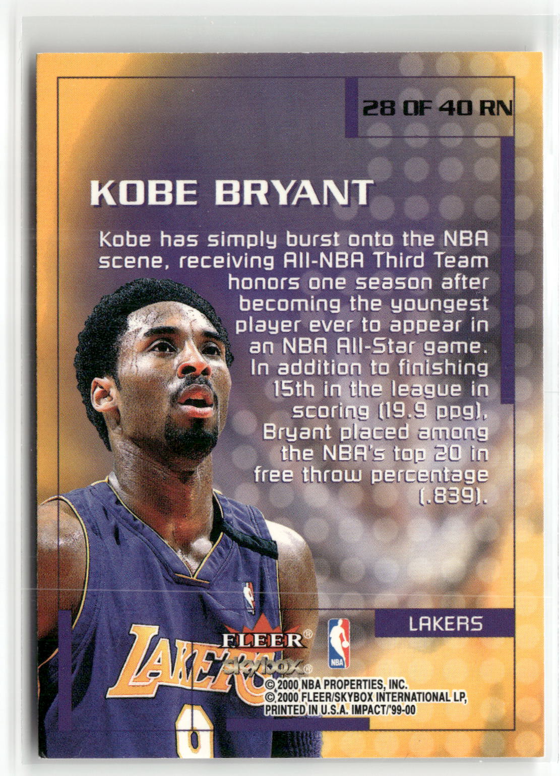 Basketball NBA Kobe Bryant 1999-00 Fleer Impact Rewind '99 #28 of 40 RN Los Angeles Lakers Trading Card Original