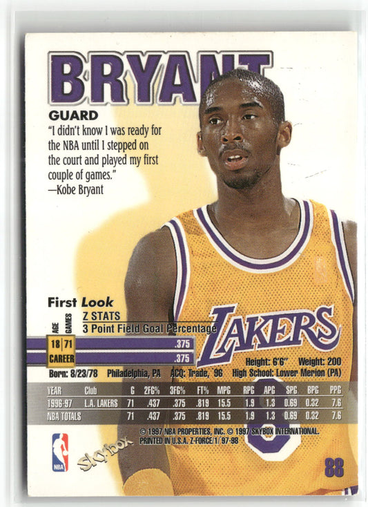 Basketball NBA Kobe Bryant 1997-98 SkyBox Z-Force #88 Los Angeles Lakers Trading Card Original