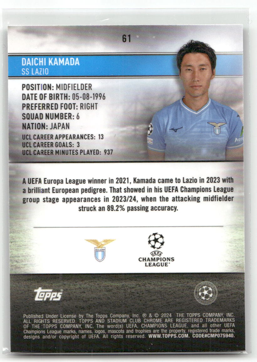 Fußball Daichi Kamada - 2024-25 Topps Stadium Club Chrome UEFA CL - Hyper Prism /75 - SS Lazio #61 Trading Card Original