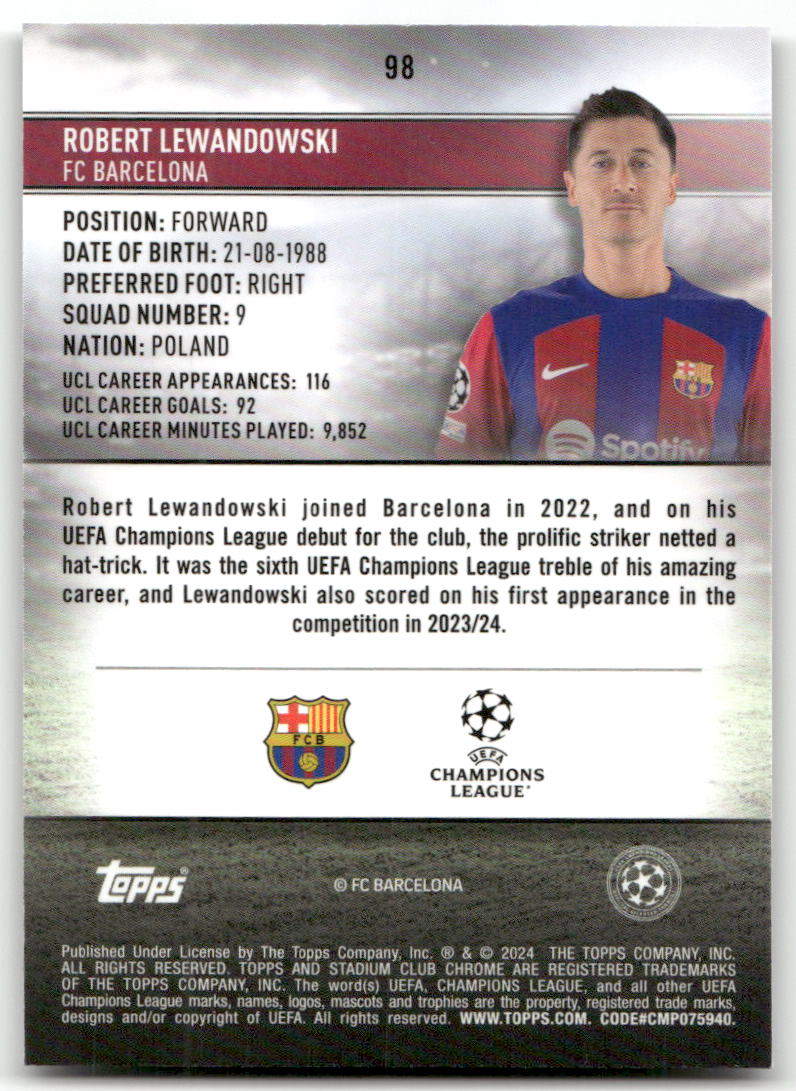 Fußball Robert Lewandowski - 2024 Topps Stadium Club Chrome UEFA CL - FC Barcelona #98 Trading Card Original