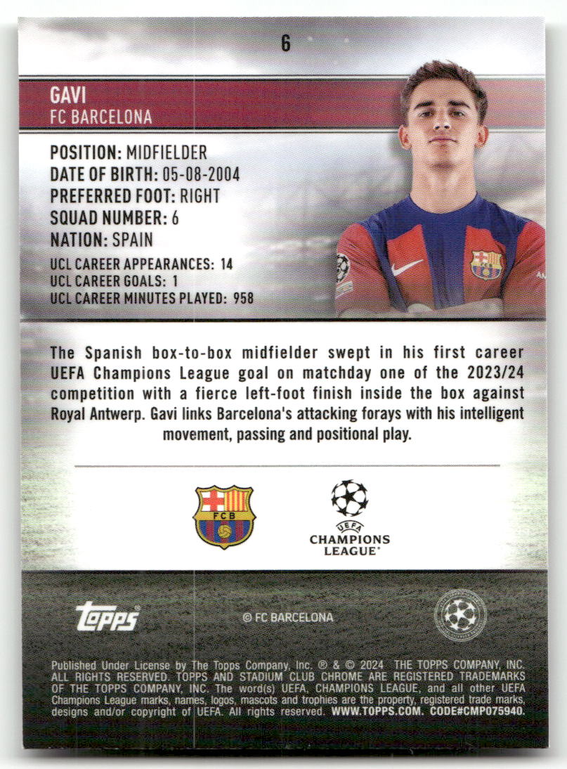 Fußball Gavi - 2023-24 Topps Stadium Club Chrome UEFA CL - FC Barcelona #6 Trading Card Original