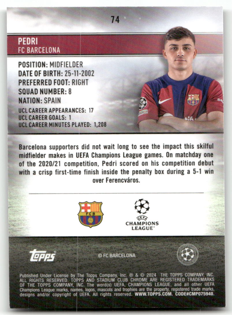 Fußball Pedri - 2024 Topps Stadium Club Chrome UEFA CL - FC Barcelona #74 Trading Card Original