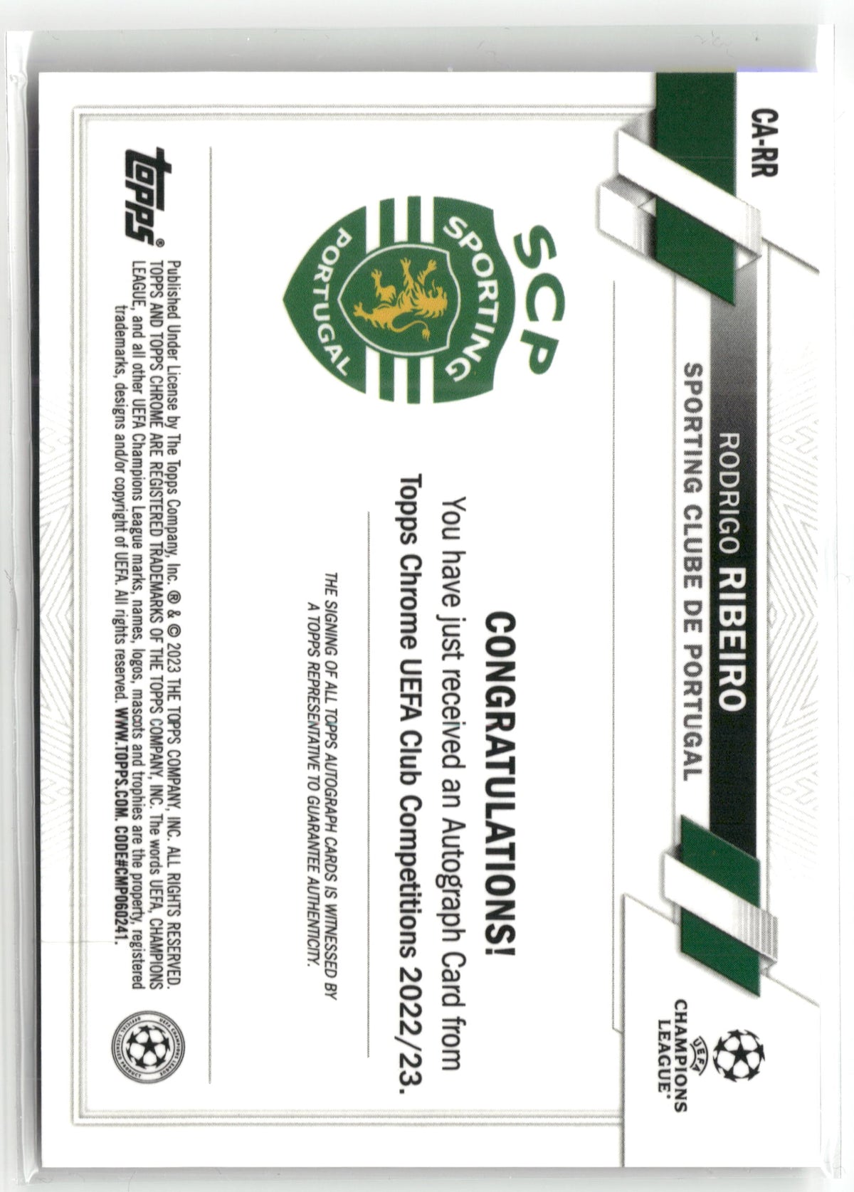 Fußball Rodrigo Ribeiro Rookie - 2022-23 Topps Chrome UEFA UCC - Rookie Auto - Sporting Clube de Portugal #CA-RR Trading Card Original