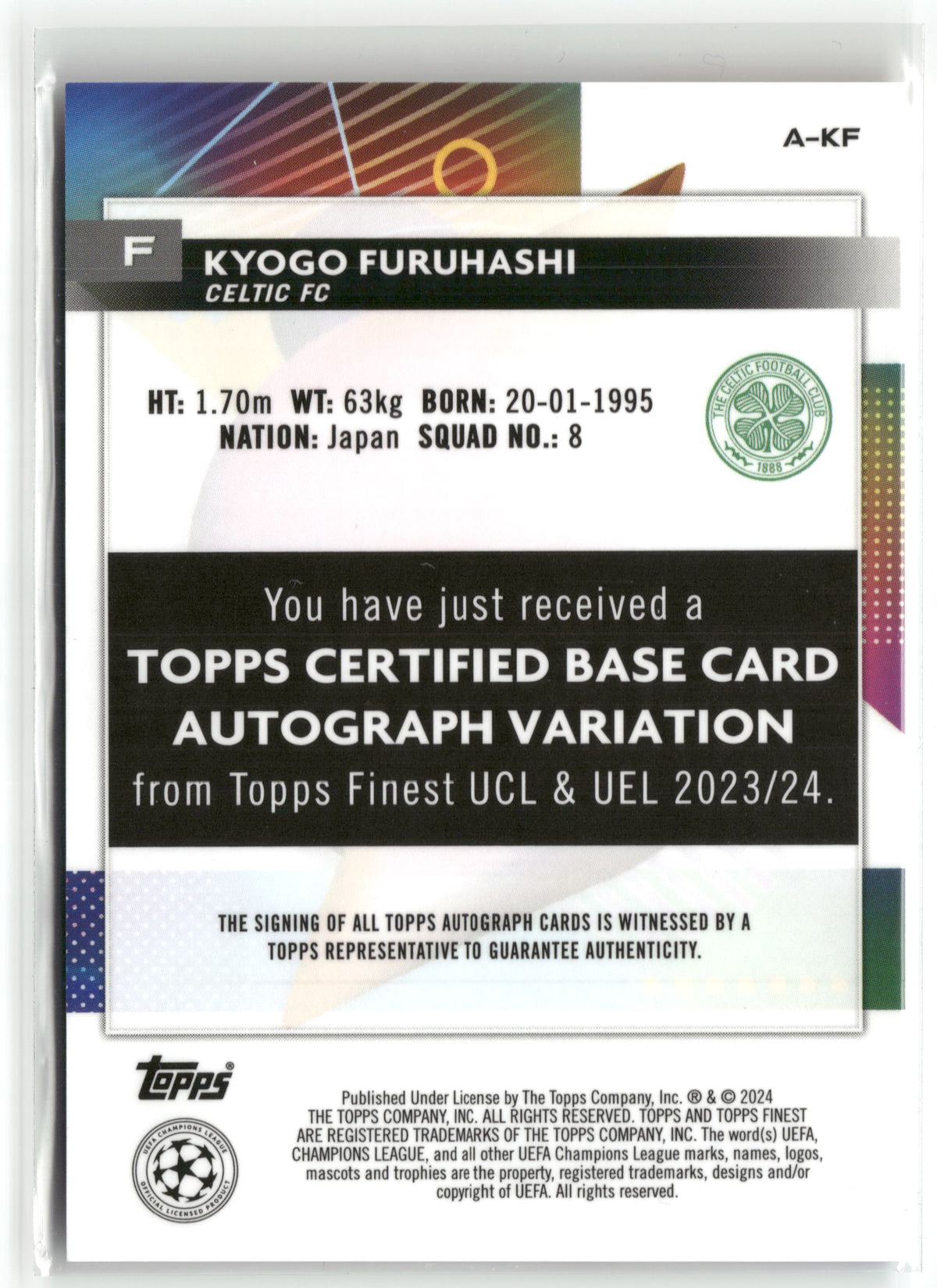 Fußball Kyogo Furuhashi - 2023-24 Topps Finest UCL & UEL 2023/24 - Silver Auto - Celtic FC #A-KF Trading Card Original