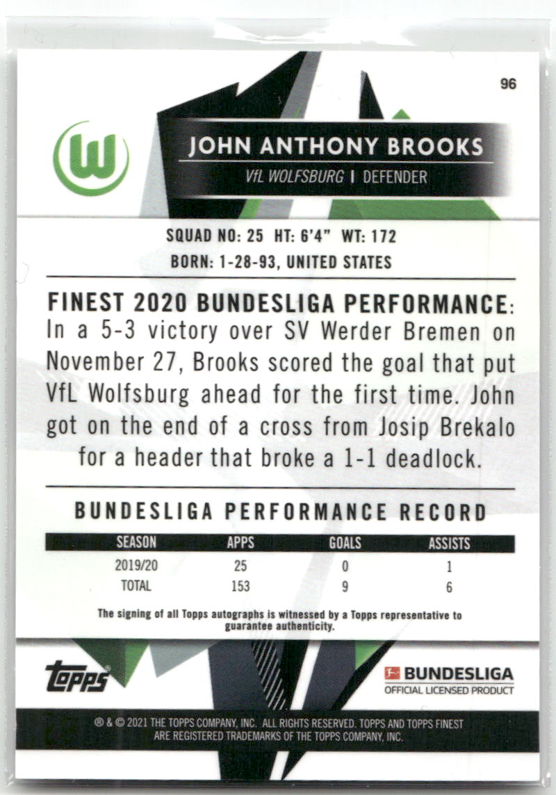Fußball John Anthony Brooks - 2020-21 Topps Finest Bundesliga - Brooks Refractor Auto - VfL Wolfsburg #96 Trading Card Original