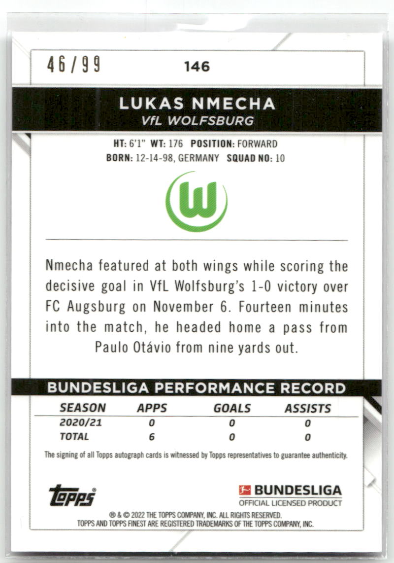 Fußball Lukas Nmecha - 2021-22 Topps Finest Bundesliga - True Purple Auto /99 - VfL Wolfsburg #146 Trading Card Original