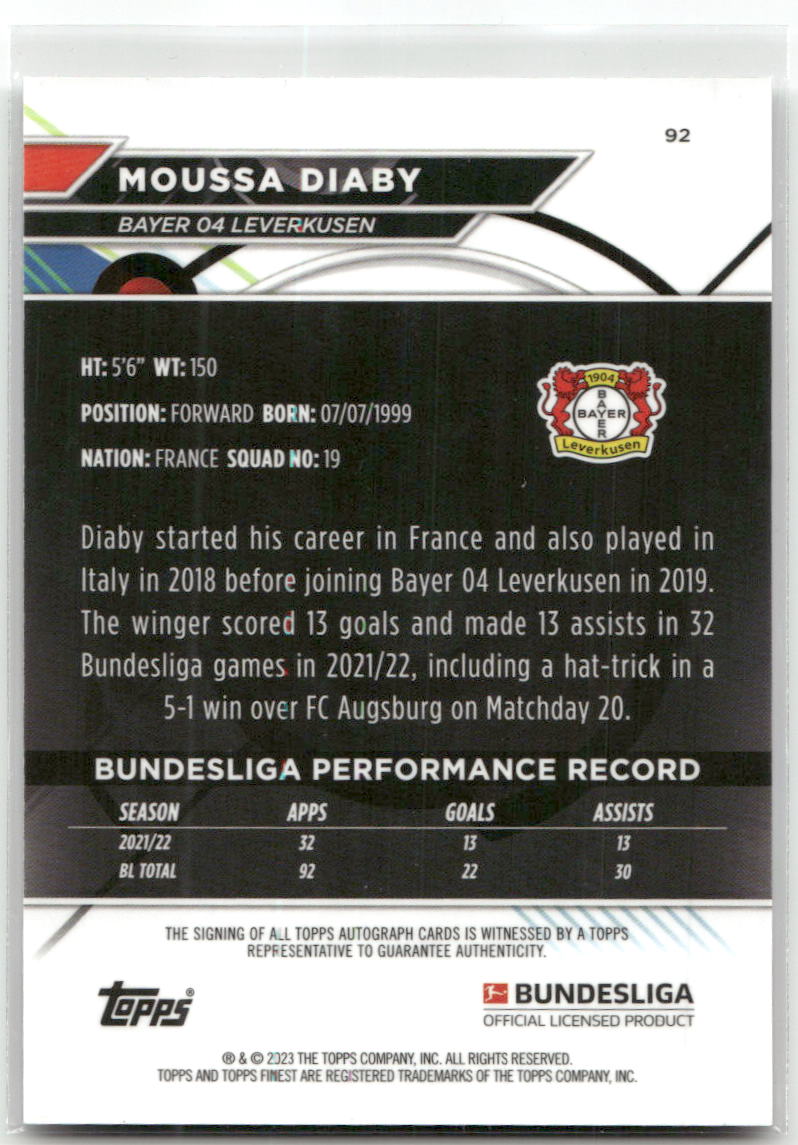 Fußball Moussa Diaby - 2022-23 Topps Finest Bundesliga - Silver Auto - Bayer 04 Leverkusen #92 Trading Card Original