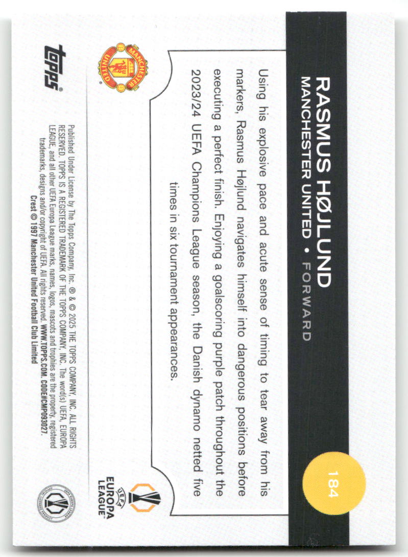 Fußball Rasmus Højlund - 2024-25 Topps UEFA Europa League - Manchester United #184 Trading Card Original