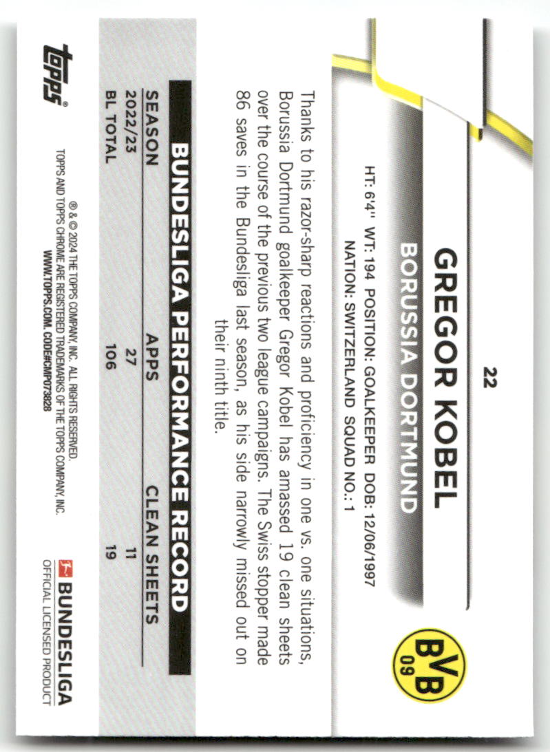 Fußball Gregor Kobel - 2023-24 Topps Chrome Bundesliga - Borussia Dortmund #22 Trading Card Original