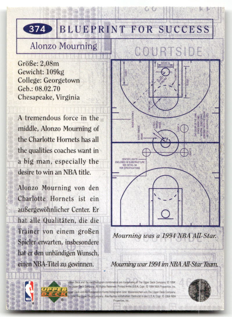 Basketball NBA Alonzo Mourning - 1994 Upper Deck Collector's Choice - Charlotte Hornets #374 Trading Card Original