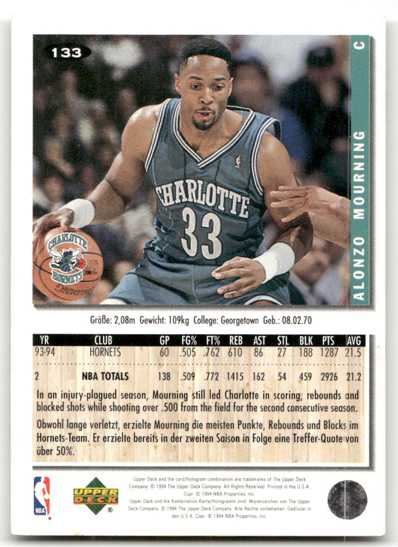 Basketball NBA Alonzo Mourning - 1994-95 Upper Deck Collector's Choice - Charlotte Hornets #133 Trading Card Original