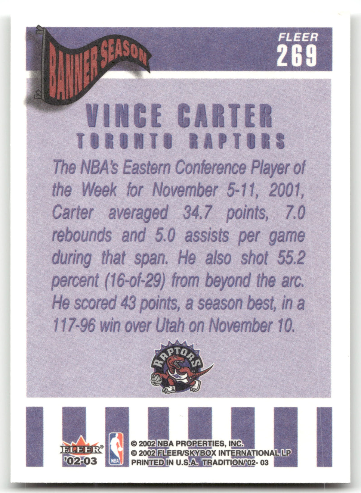Basketball NBA Vince Carter - 2002-03 Fleer Tradition - Toronto Raptors #269 Trading Card Original